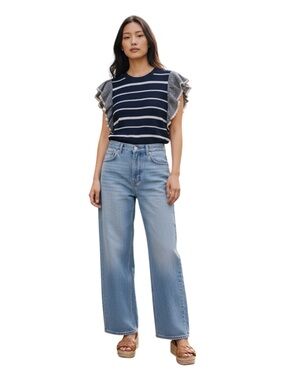 Veronica Beard Paz Linen and Cotton Navy and White Striped Knit Top